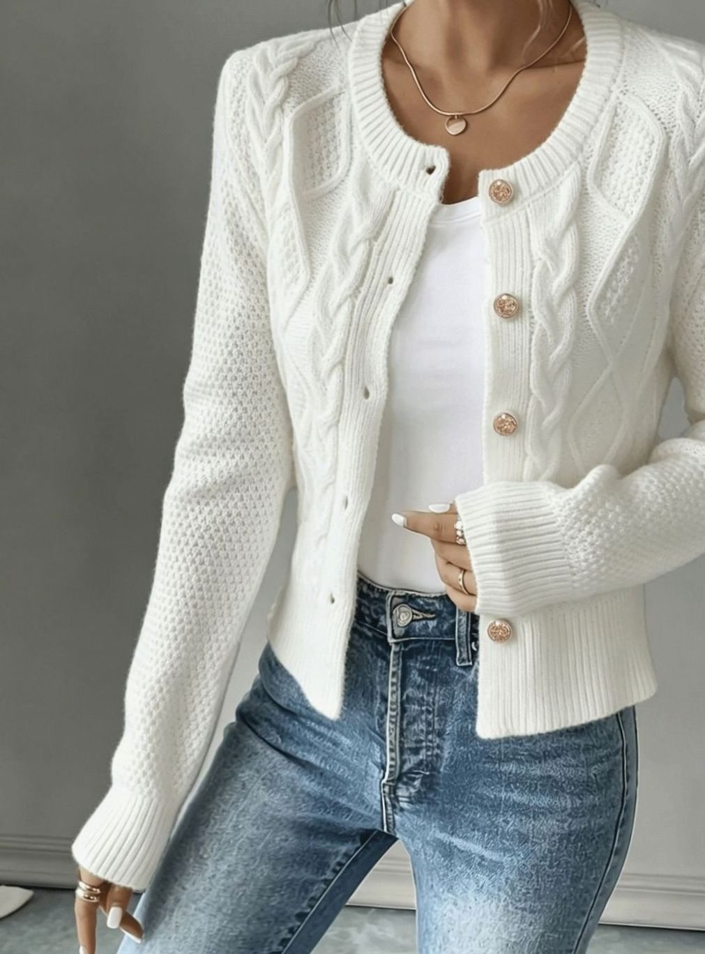 Women's Cropped Cardigan Cable-Knit Button-Front Long Sleeve Casual Layering