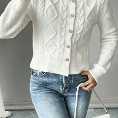 Women's Cropped Cardigan Cable-Knit Button-Front Long Sleeve Casual Layering