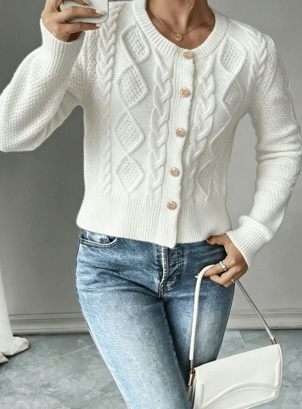 Women's Cropped Cardigan Cable-Knit Button-Front Long Sleeve Casual Layering