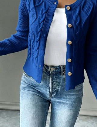 Women's Cropped Cardigan Cable-Knit Button-Front Long Sleeve Casual Layering
