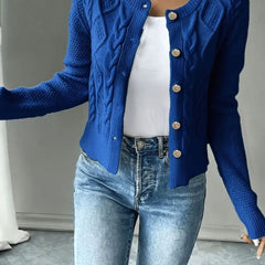 Women's Cropped Cardigan Cable-Knit Button-Front Long Sleeve Casual Layering