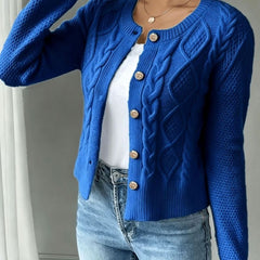 Women's Cropped Cardigan Cable-Knit Button-Front Long Sleeve Casual Layering