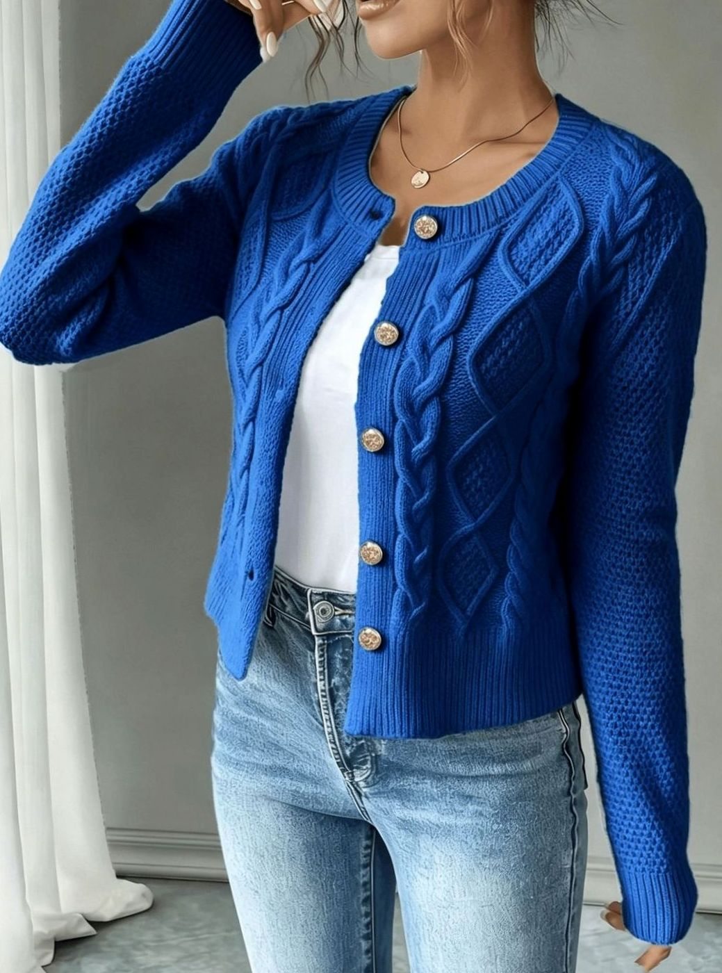 Women's Cropped Cardigan Cable-Knit Button-Front Long Sleeve Casual Layering
