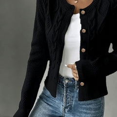 Women's Cropped Cardigan Cable-Knit Button-Front Long Sleeve Casual Layering
