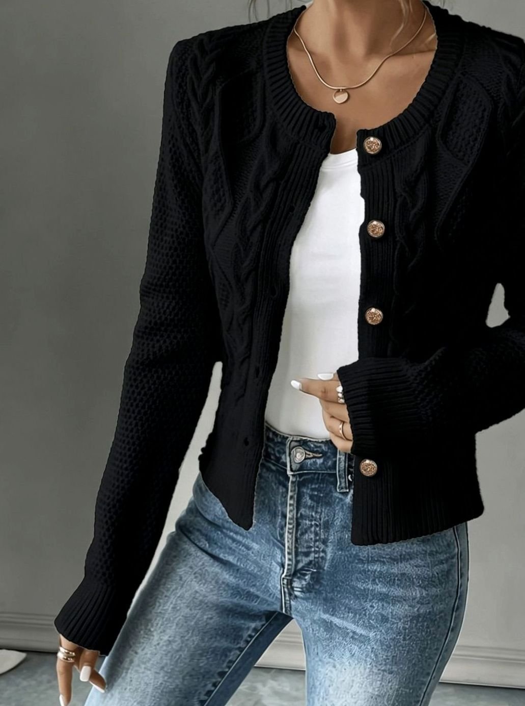 Women's Cropped Cardigan Cable-Knit Button-Front Long Sleeve Casual Layering