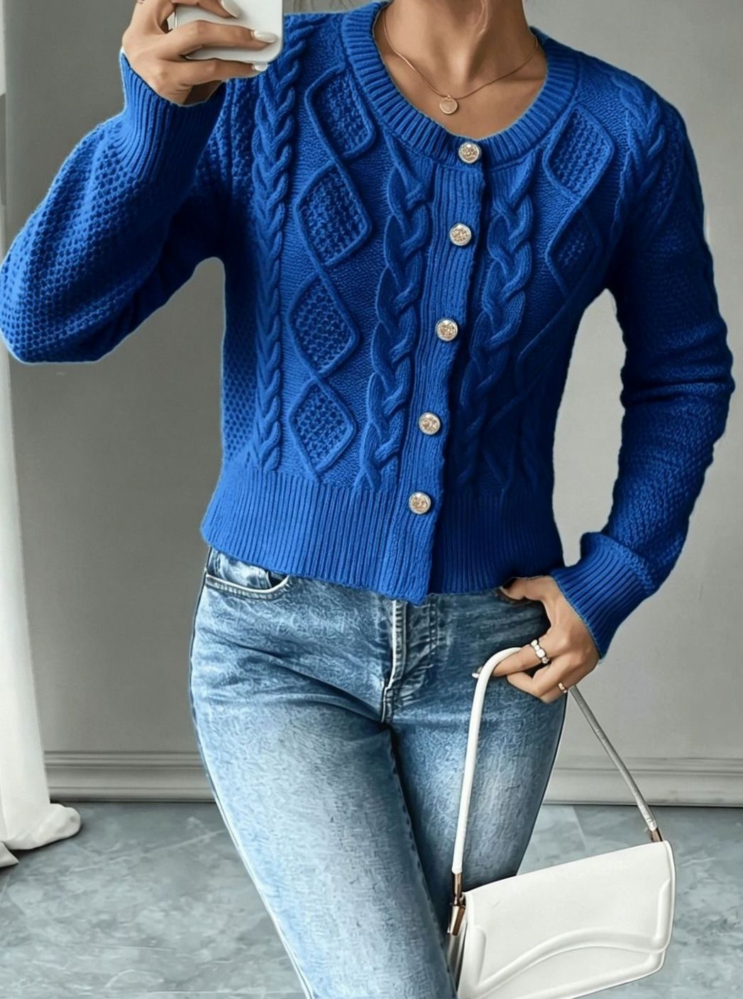 Women's Cropped Cardigan Cable-Knit Button-Front Long Sleeve Casual Layering