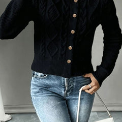 Women's Cropped Cardigan Cable-Knit Button-Front Long Sleeve Casual Layering