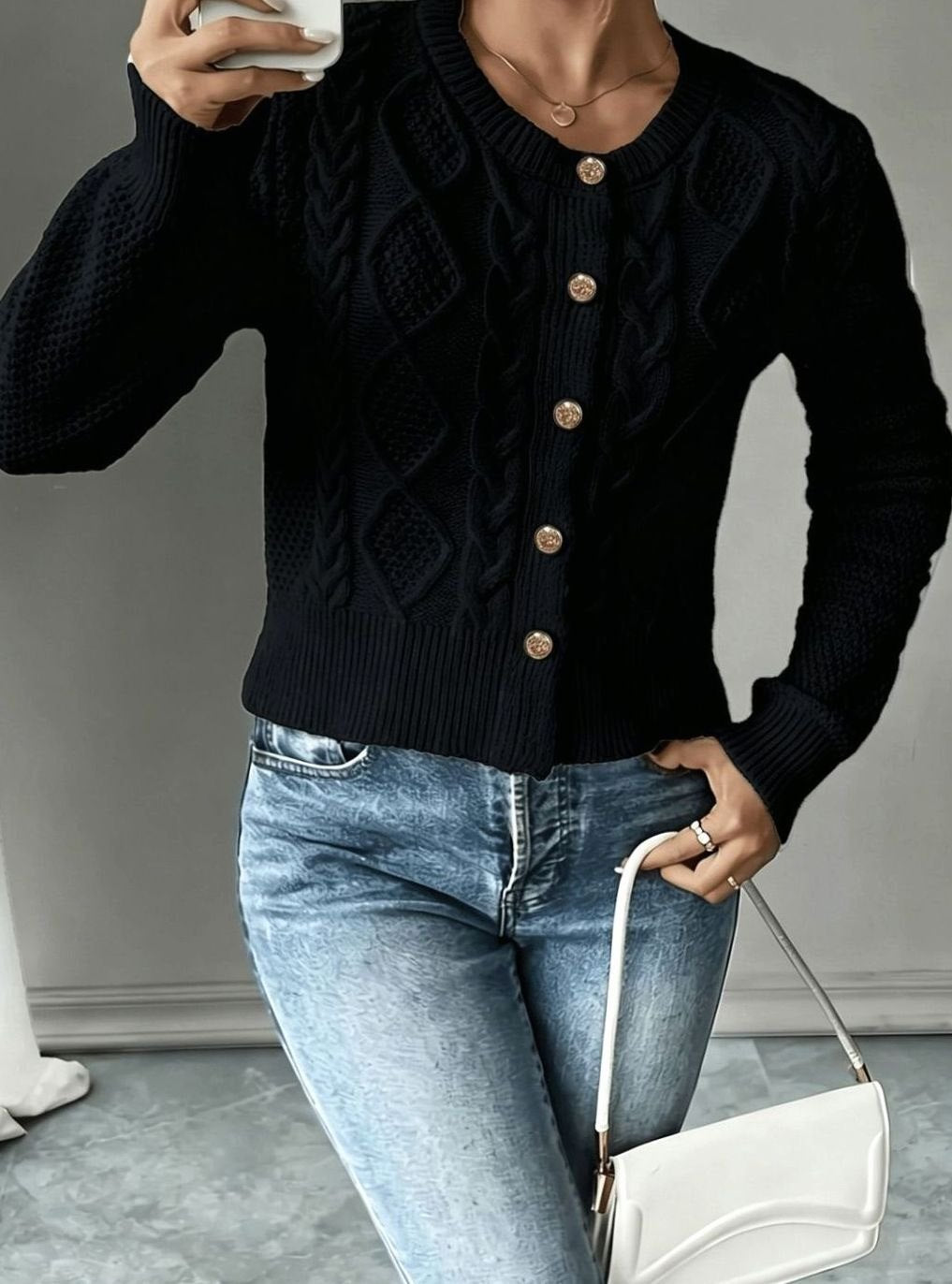 Women's Cropped Cardigan Cable-Knit Button-Front Long Sleeve Casual Layering