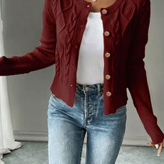 Women's Cropped Cardigan Cable-Knit Button-Front Long Sleeve Casual Layering