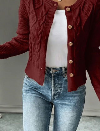 Women's Cropped Cardigan Cable-Knit Button-Front Long Sleeve Casual Layering