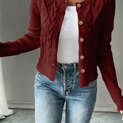 Women's Cropped Cardigan Cable-Knit Button-Front Long Sleeve Casual Layering