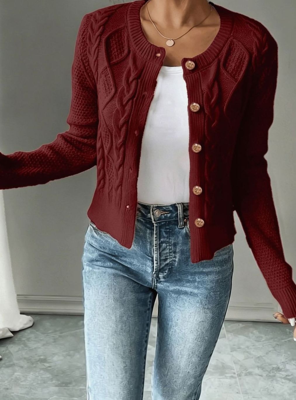 Women's Cropped Cardigan Cable-Knit Button-Front Long Sleeve Casual Layering