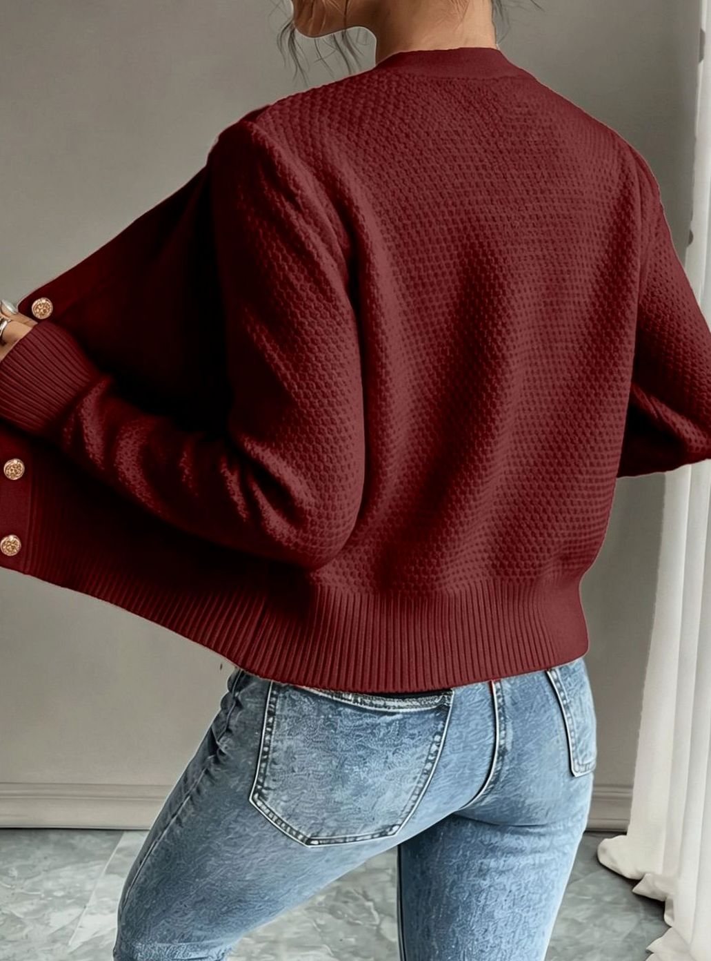Women's Cropped Cardigan Cable-Knit Button-Front Long Sleeve Casual Layering