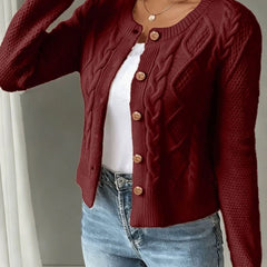 Women's Cropped Cardigan Cable-Knit Button-Front Long Sleeve Casual Layering