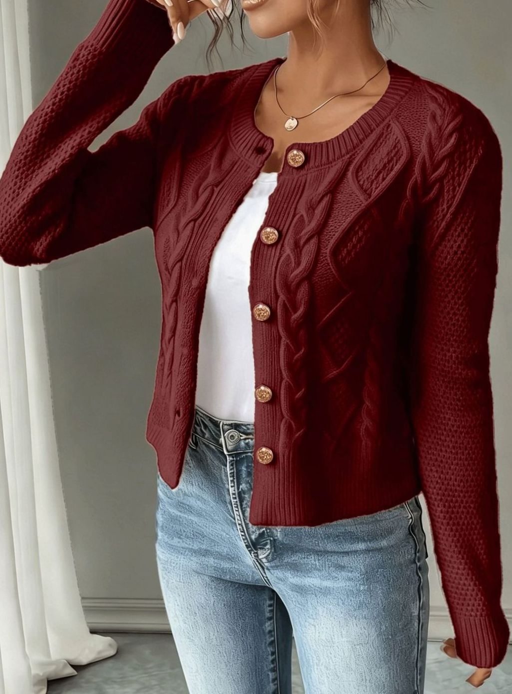 Women's Cropped Cardigan Cable-Knit Button-Front Long Sleeve Casual Layering