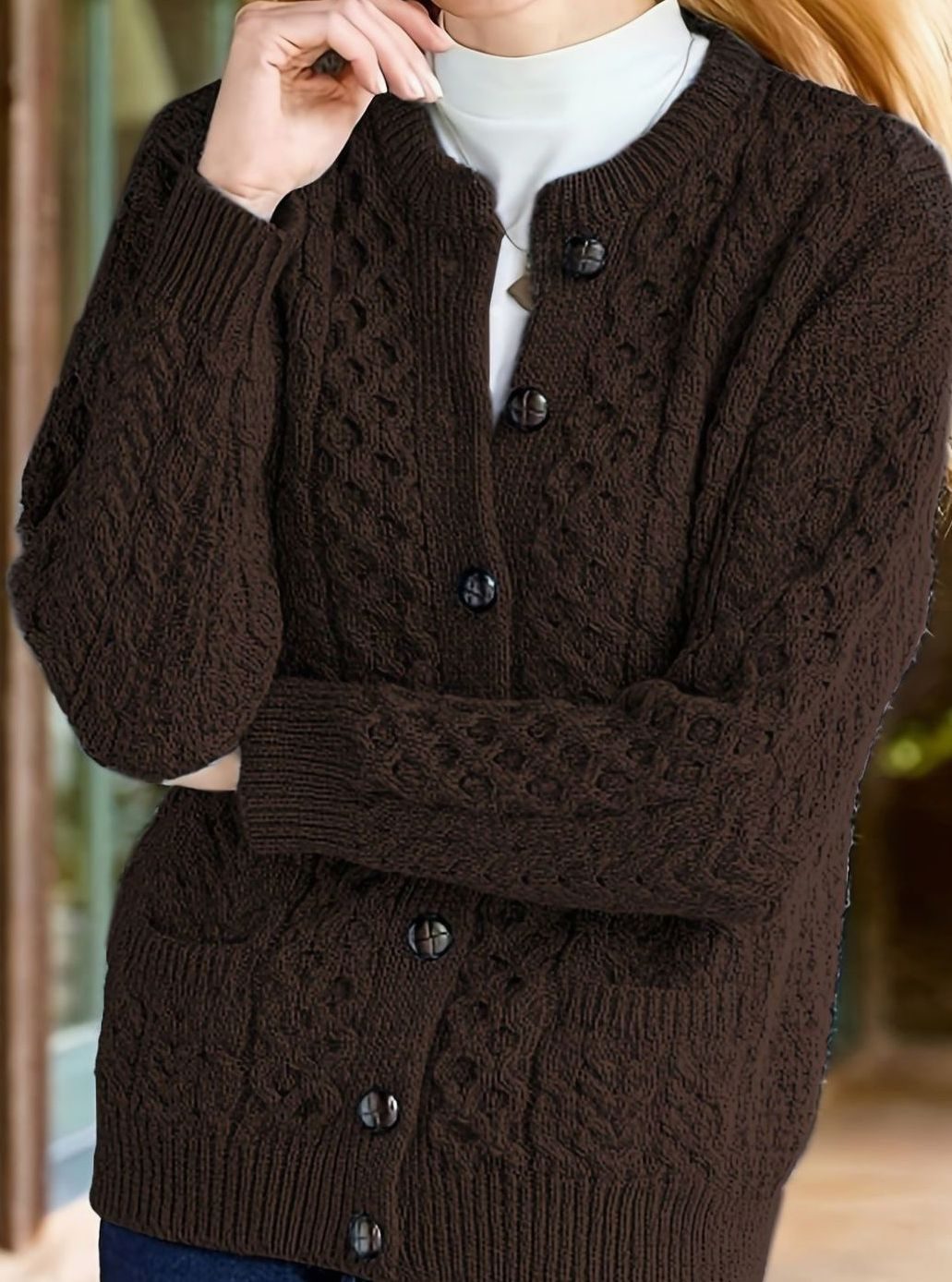 Women's Relaxed Cardigan Sweater Cable-Knit Button-Front Cozy Layering