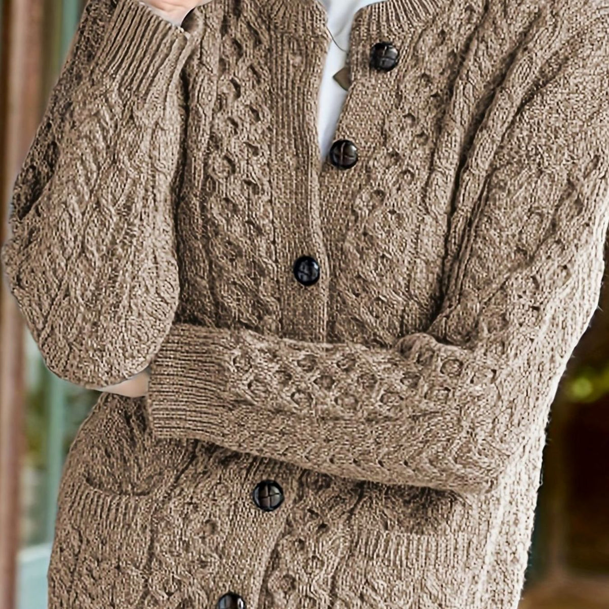 Women's Relaxed Cardigan Sweater Cable-Knit Button-Front Cozy Layering