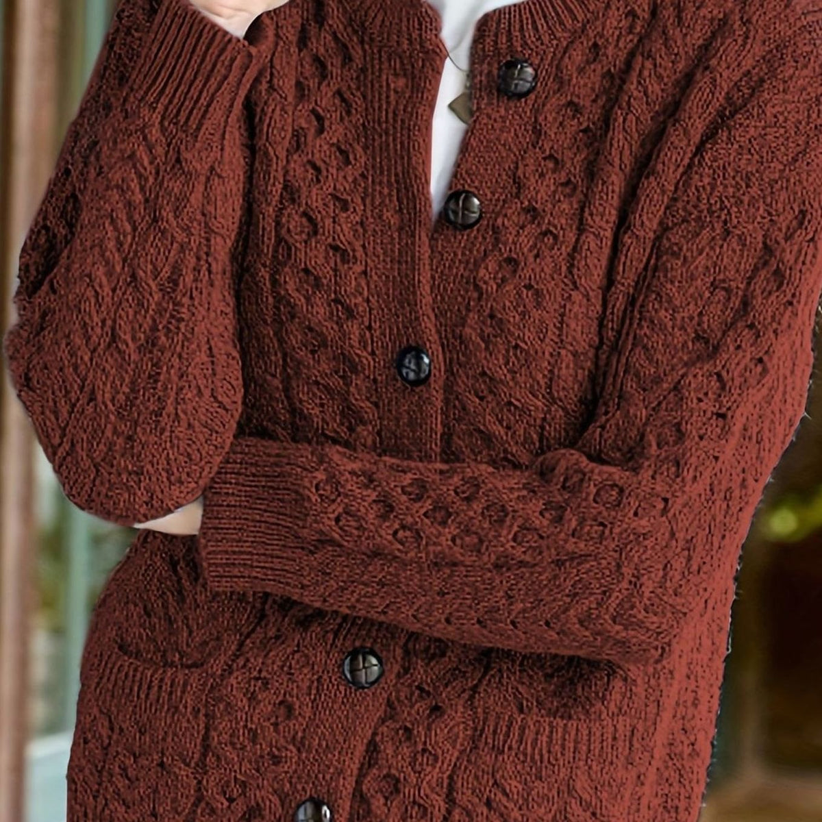 Women's Relaxed Cardigan Sweater Cable-Knit Button-Front Cozy Layering
