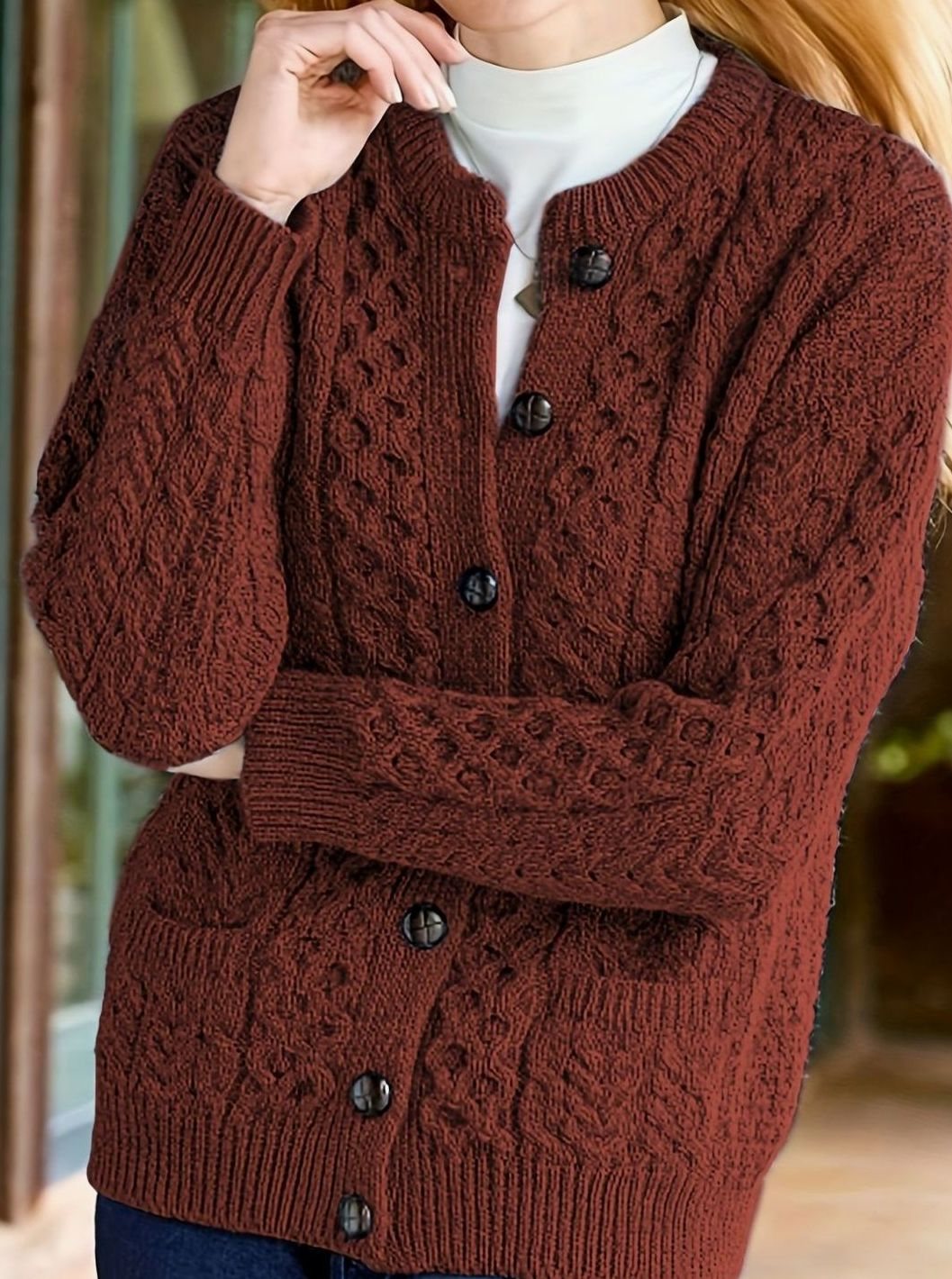 Women's Relaxed Cardigan Sweater Cable-Knit Button-Front Cozy Layering