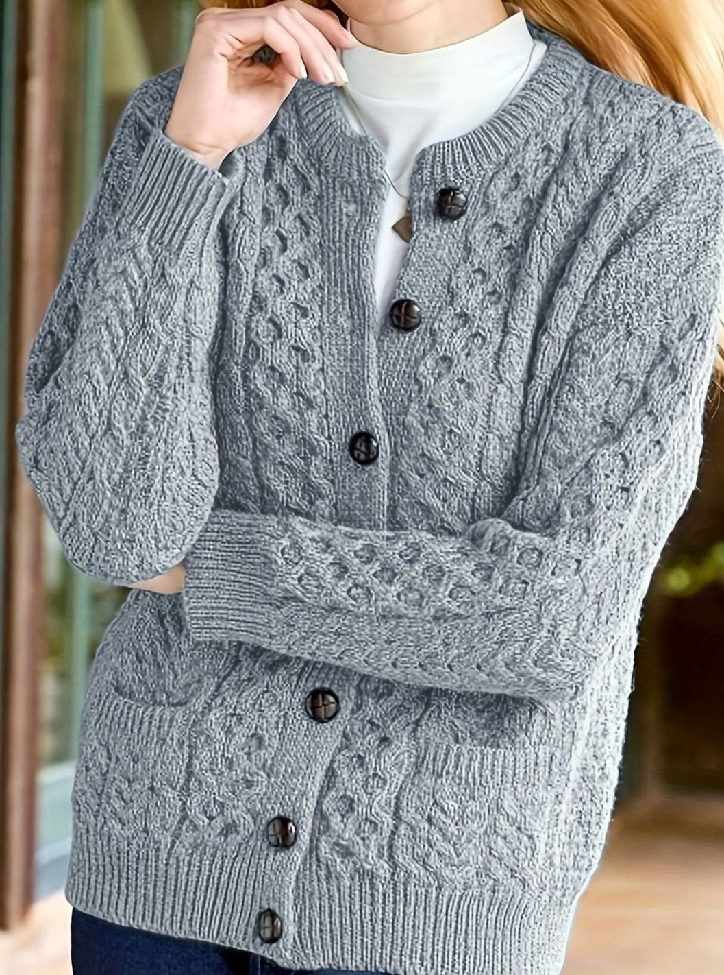 Women's Relaxed Cardigan Sweater Cable-Knit Button-Front Cozy Layering