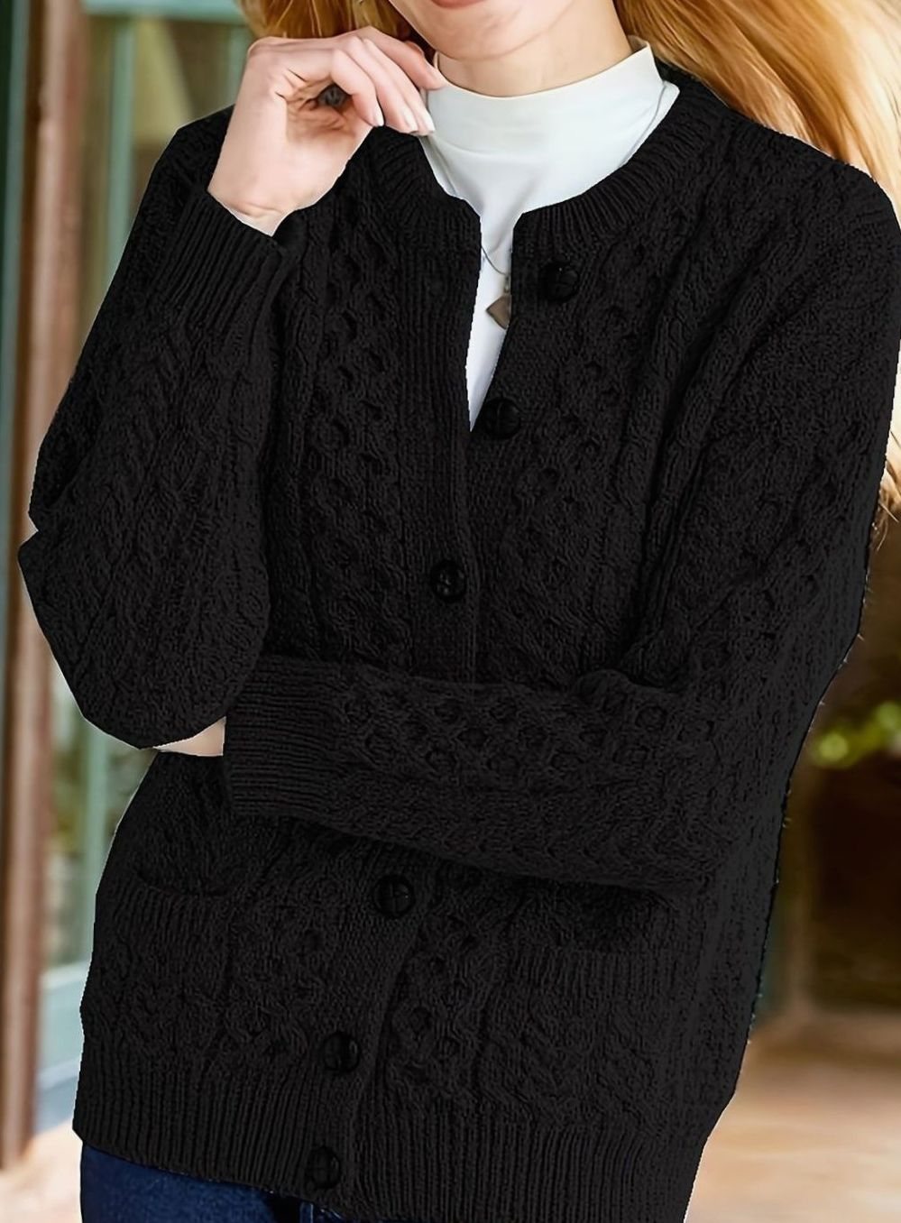Women's Relaxed Cardigan Sweater Cable-Knit Button-Front Cozy Layering