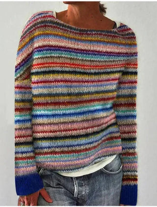 Women's Striped Knit Sweater Relaxed Fit Long Sleeve Crew Neck Casual Everyday