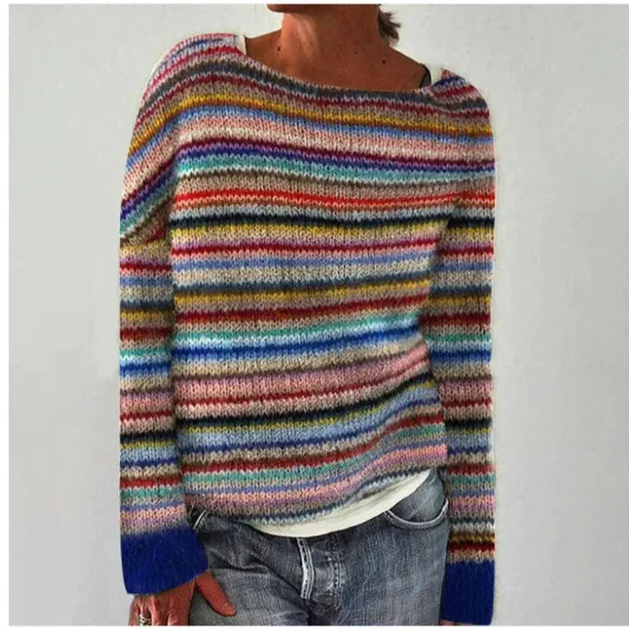 Women's Striped Knit Sweater Relaxed Fit Long Sleeve Crew Neck Casual Everyday