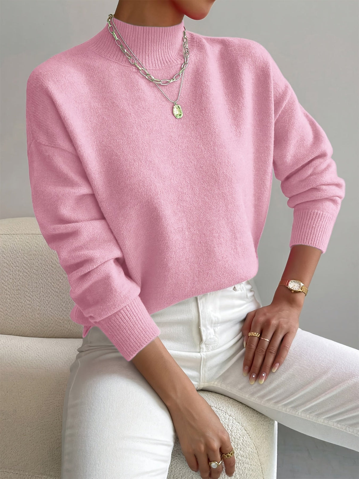 Women's Chic Turtleneck Knit Sweater Long Sleeve Fitted Casual Everyday