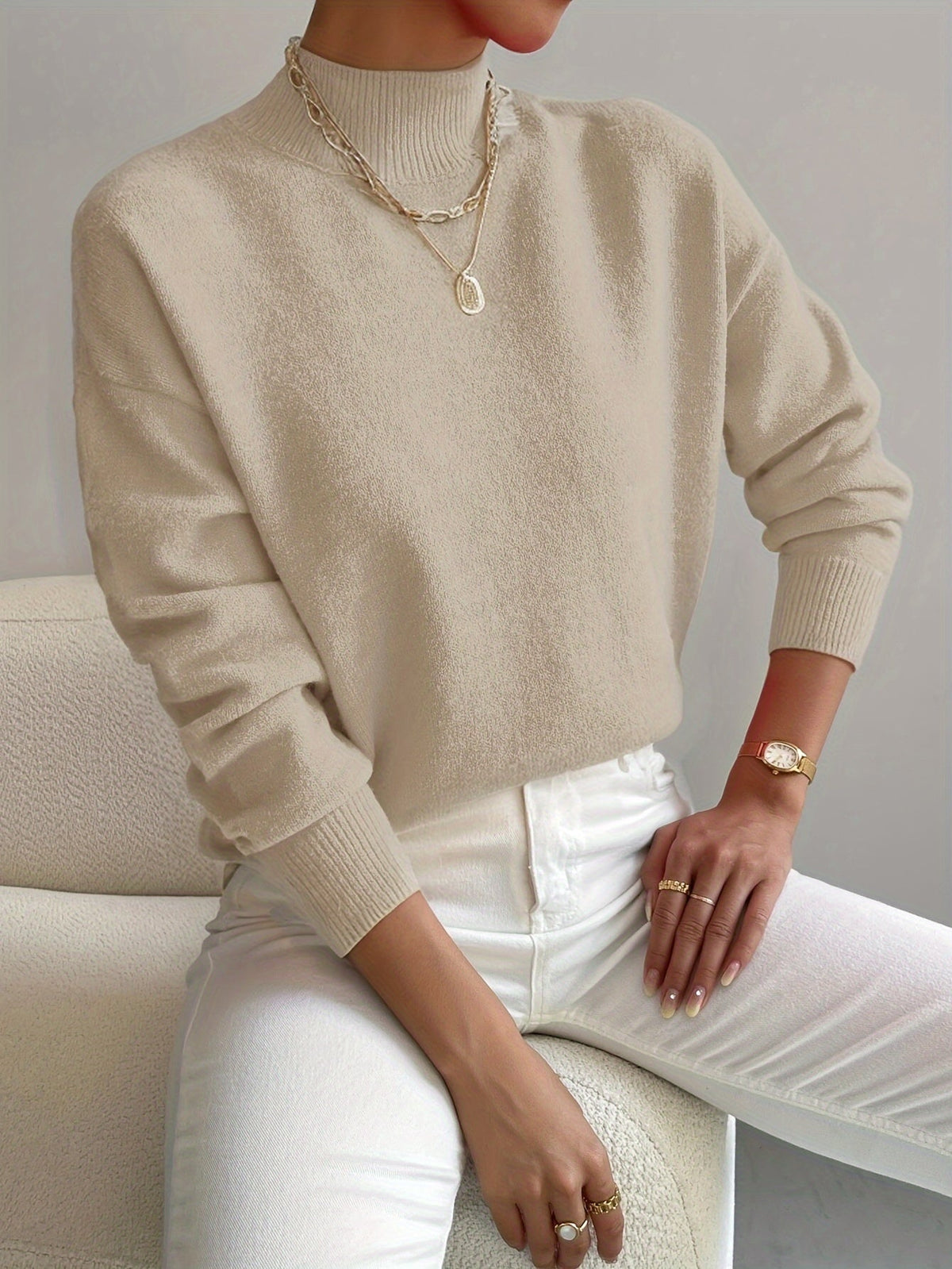 Women's Chic Turtleneck Knit Sweater Long Sleeve Fitted Casual Everyday