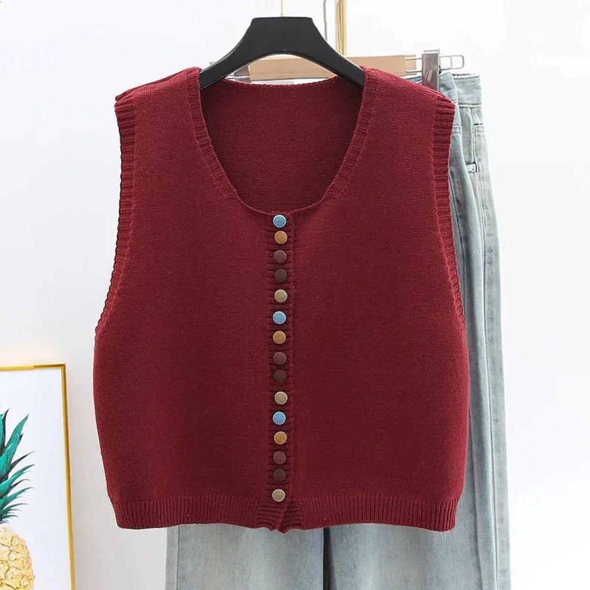 Women's Knit Sweater Vest Sleeveless Colorful Button Design Casual Wear