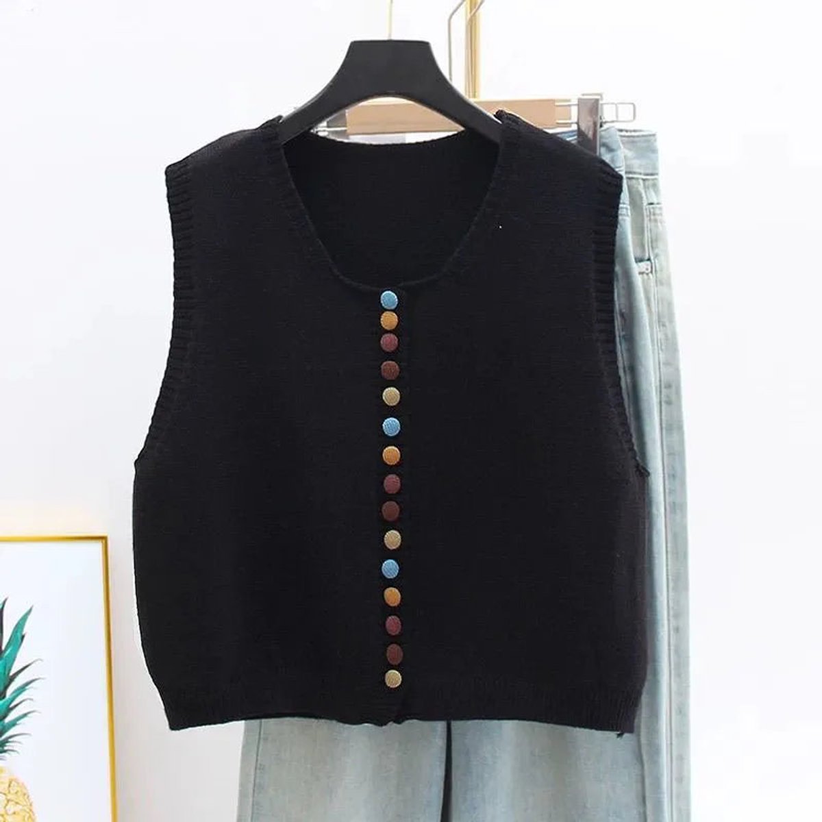 Women's Knit Sweater Vest Sleeveless Colorful Button Design Casual Wear