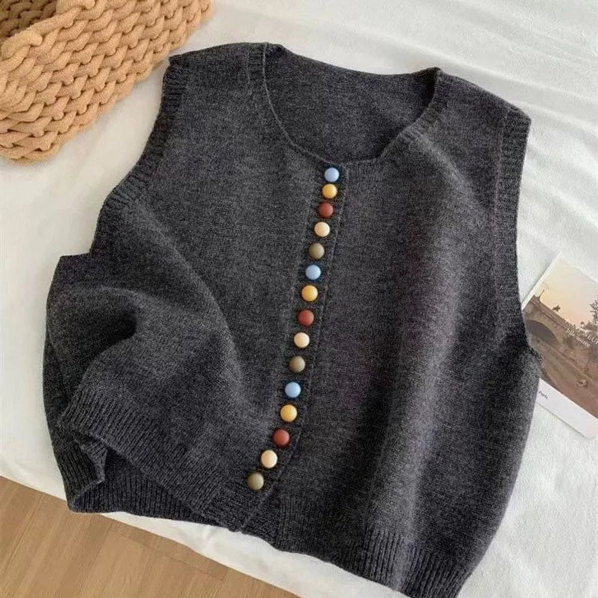 Women's Knit Sweater Vest Sleeveless Colorful Button Design Casual Wear