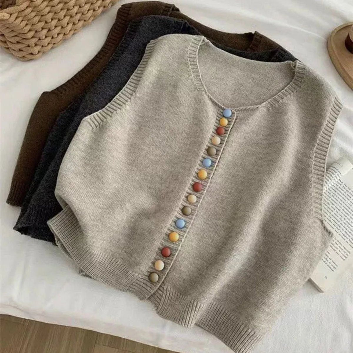 Women's Knit Sweater Vest Sleeveless Colorful Button Design Casual Wear