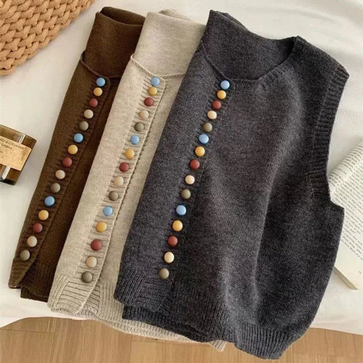 Women's Knit Sweater Vest Sleeveless Colorful Button Design Casual Wear