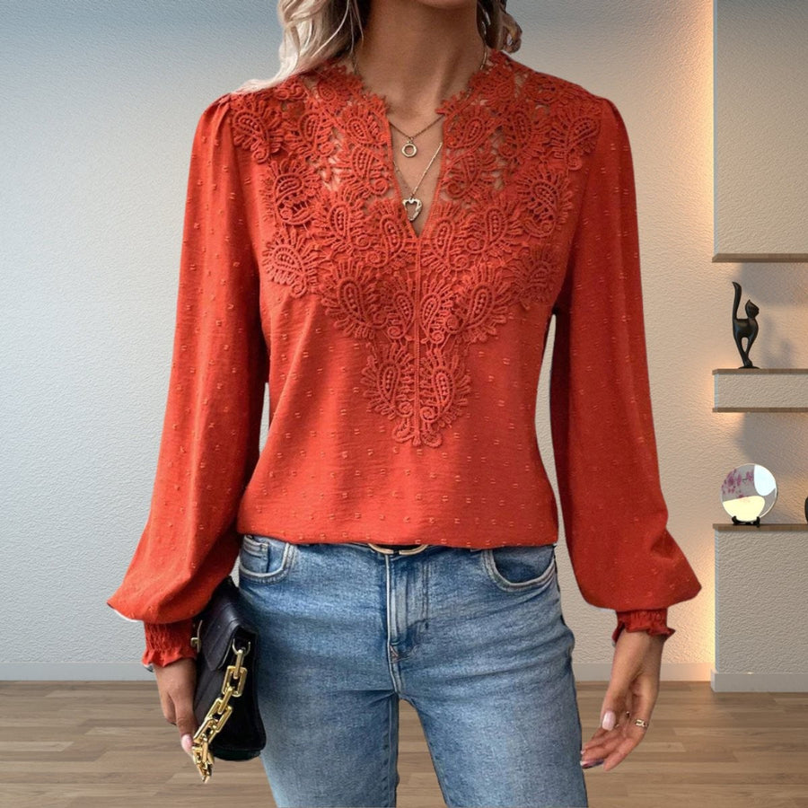 Women's Blouse Crochet Lace V-Neck Long-Sleeve Smocked-Cuff Stylish Casual