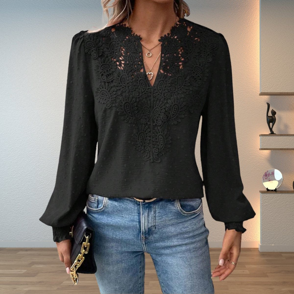 Women's Blouse Crochet Lace V-Neck Long-Sleeve Smocked-Cuff Stylish Casual