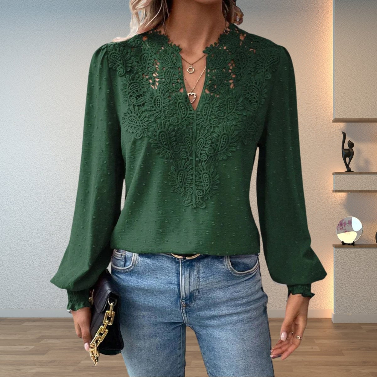 Women's Blouse Crochet Lace V-Neck Long-Sleeve Smocked-Cuff Stylish Casual