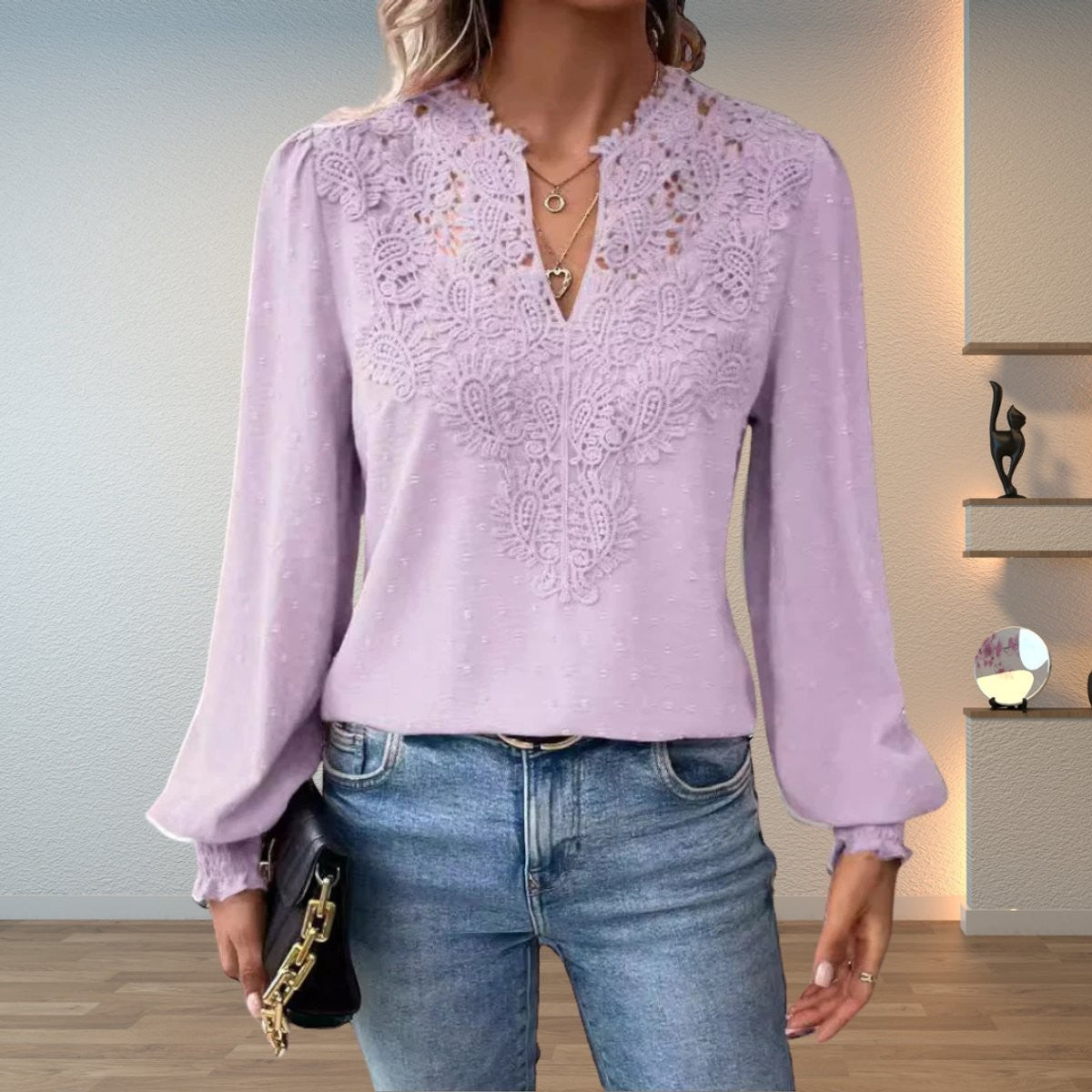 Women's Blouse Crochet Lace V-Neck Long-Sleeve Smocked-Cuff Stylish Casual