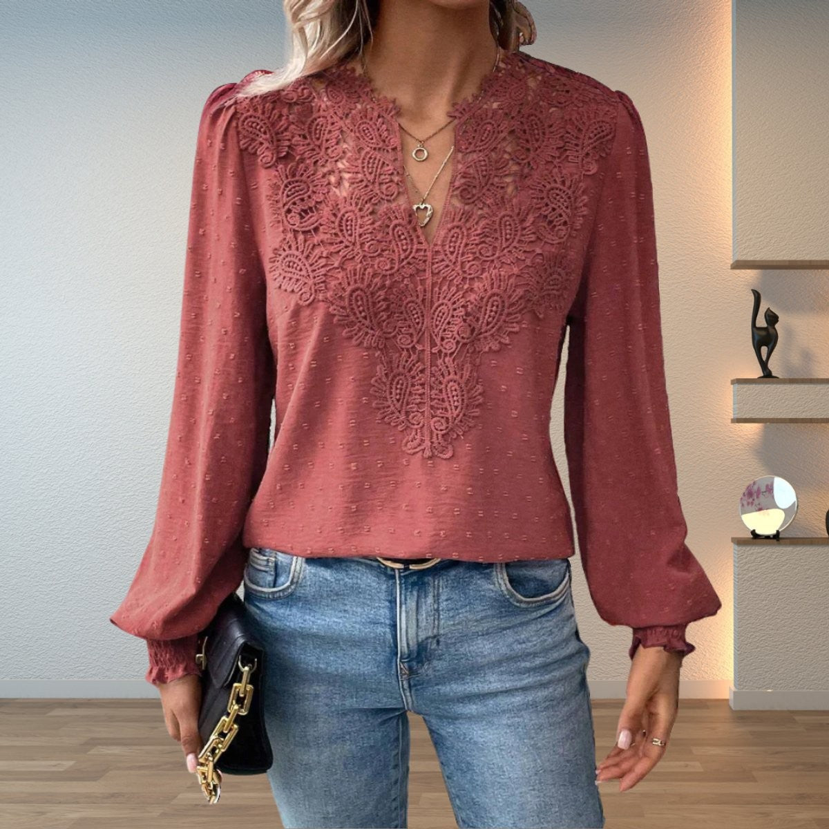 Women's Blouse Crochet Lace V-Neck Long-Sleeve Smocked-Cuff Stylish Casual
