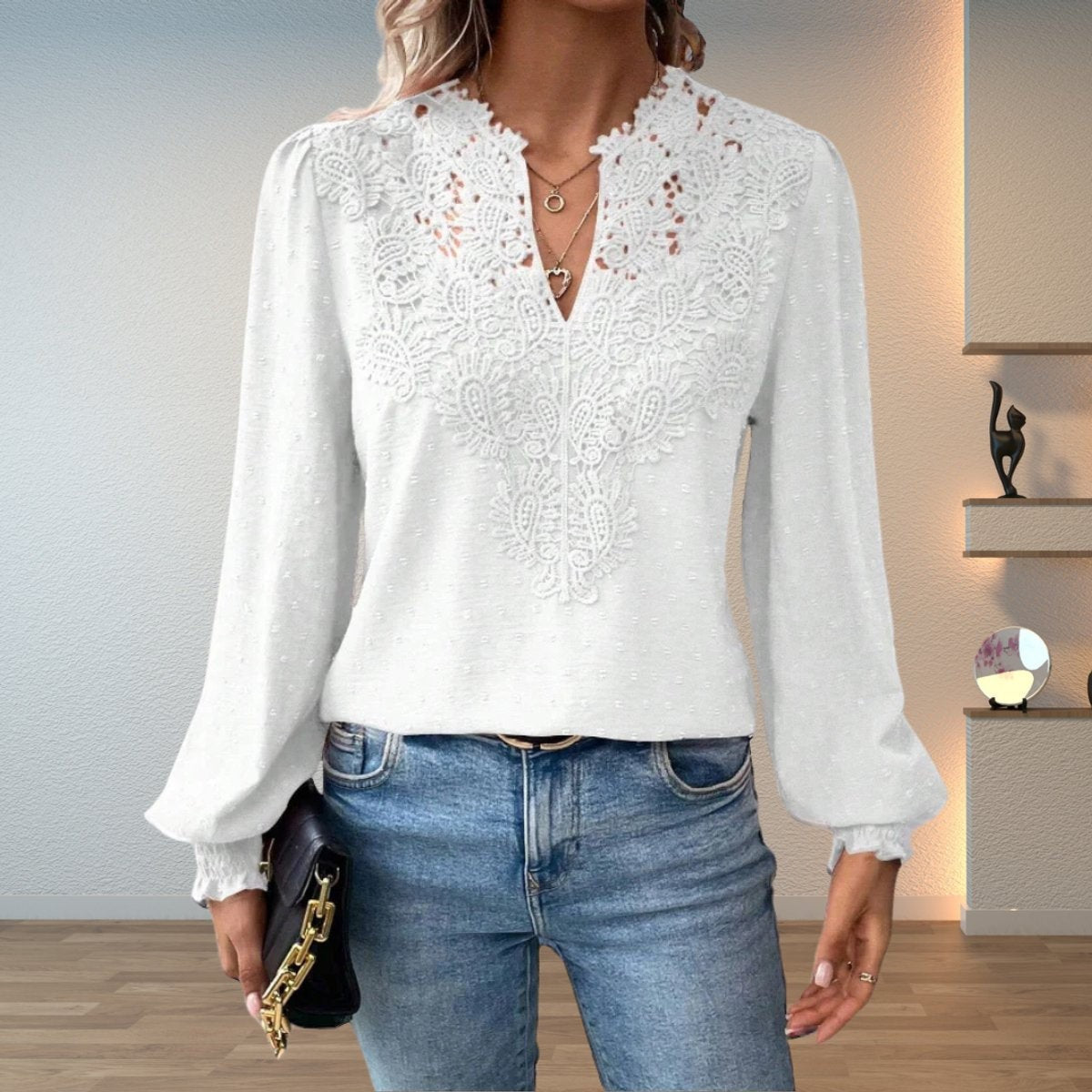 Women's Blouse Crochet Lace V-Neck Long-Sleeve Smocked-Cuff Stylish Casual
