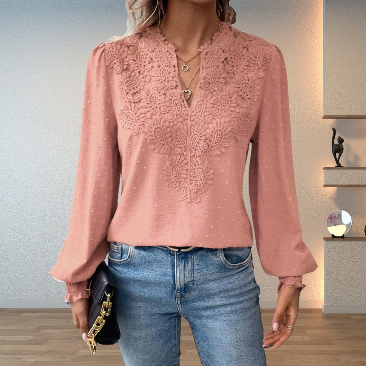 Women's Blouse Crochet Lace V-Neck Long-Sleeve Smocked-Cuff Stylish Casual