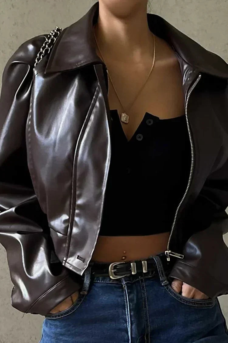 Women's Chic Cropped Jacket Zip-Up Biker Style Modern Casual Everyday