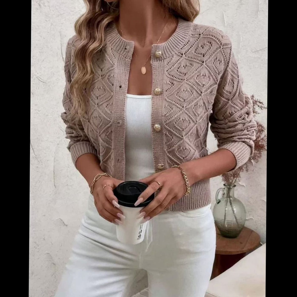 Women's Cropped Cardigan Button-Front Diamond-Knit Cozy Layering