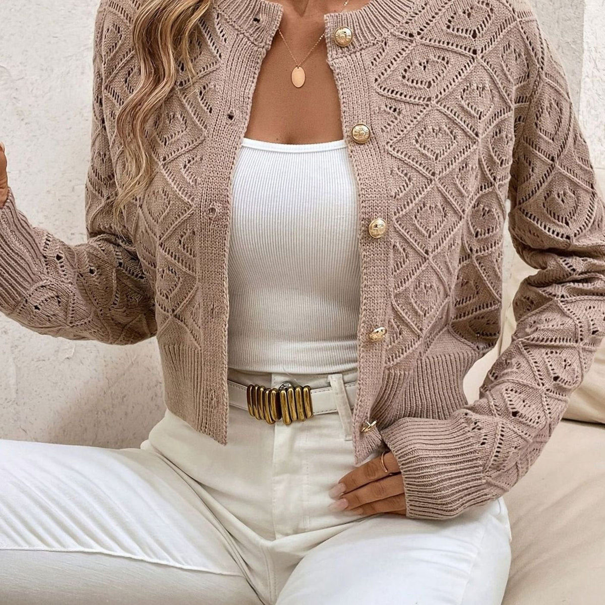 Women's Cropped Cardigan Button-Front Diamond-Knit Cozy Layering