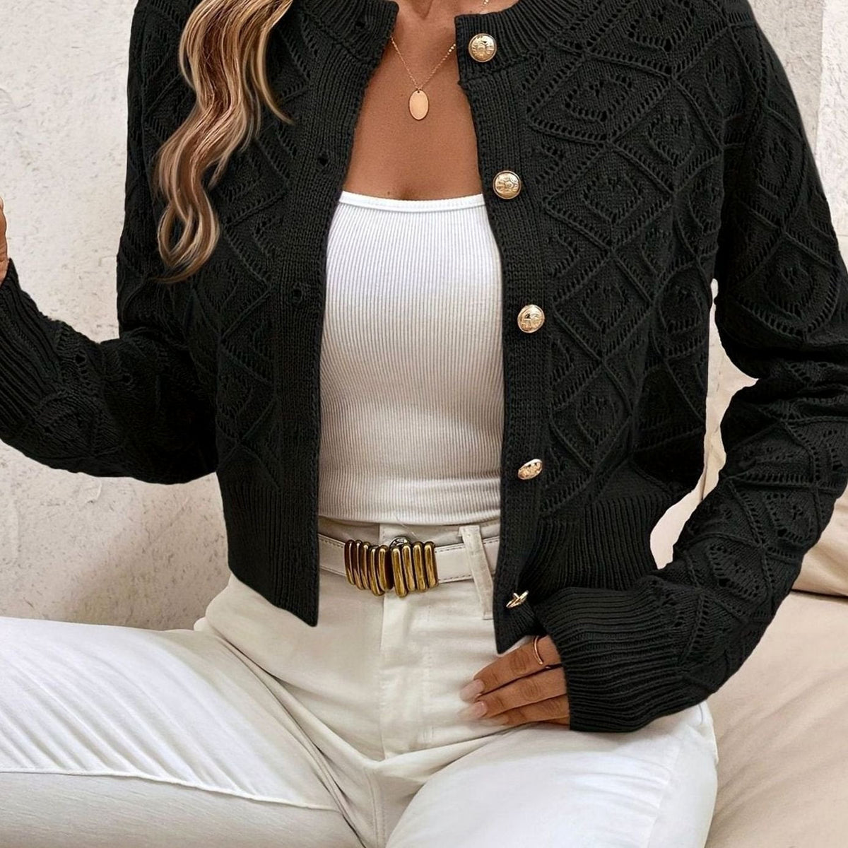 Women's Cropped Cardigan Button-Front Diamond-Knit Cozy Layering