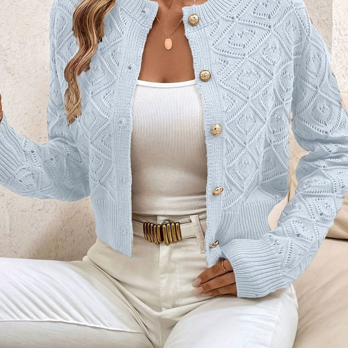Women's Cropped Cardigan Button-Front Diamond-Knit Cozy Layering