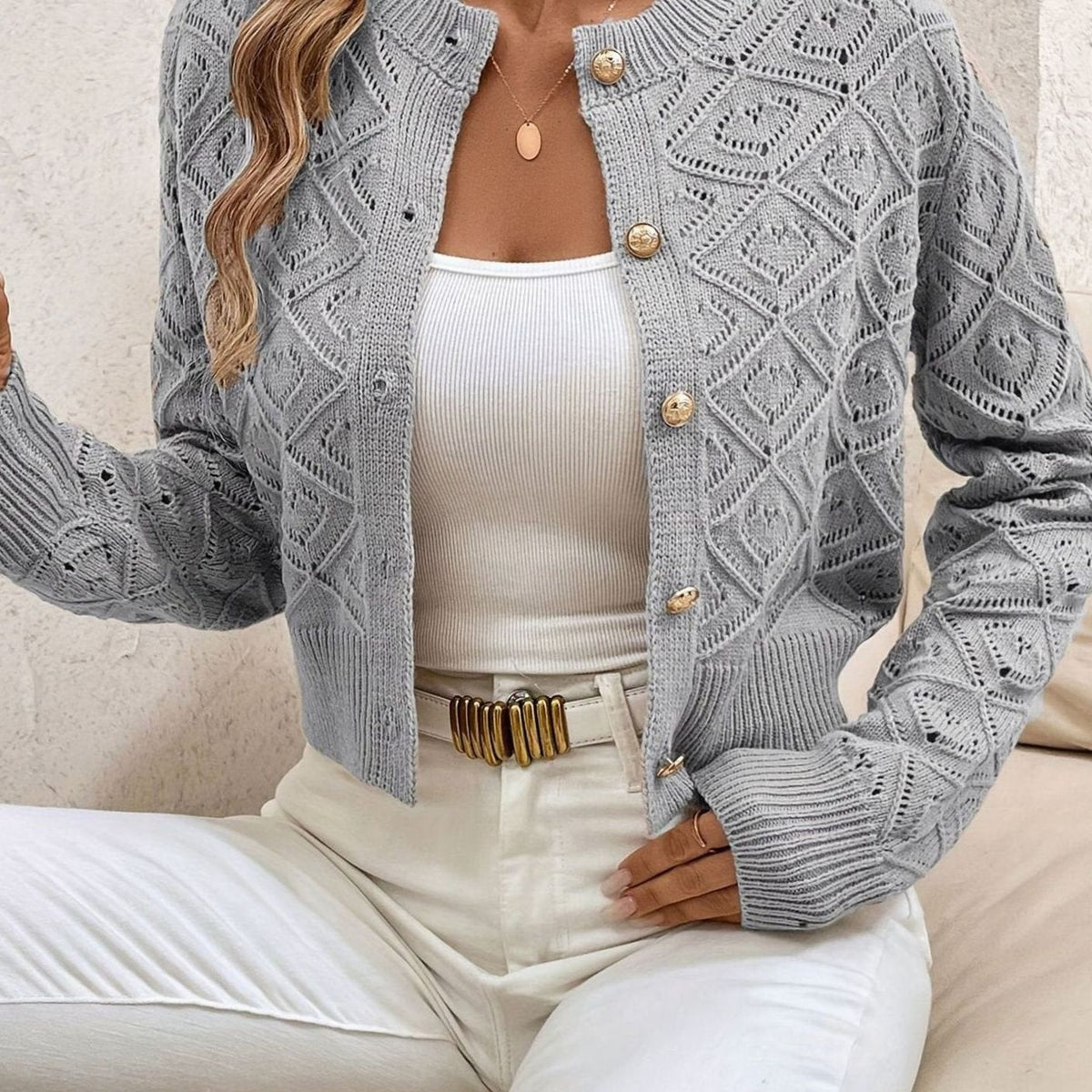 Women's Cropped Cardigan Button-Front Diamond-Knit Cozy Layering