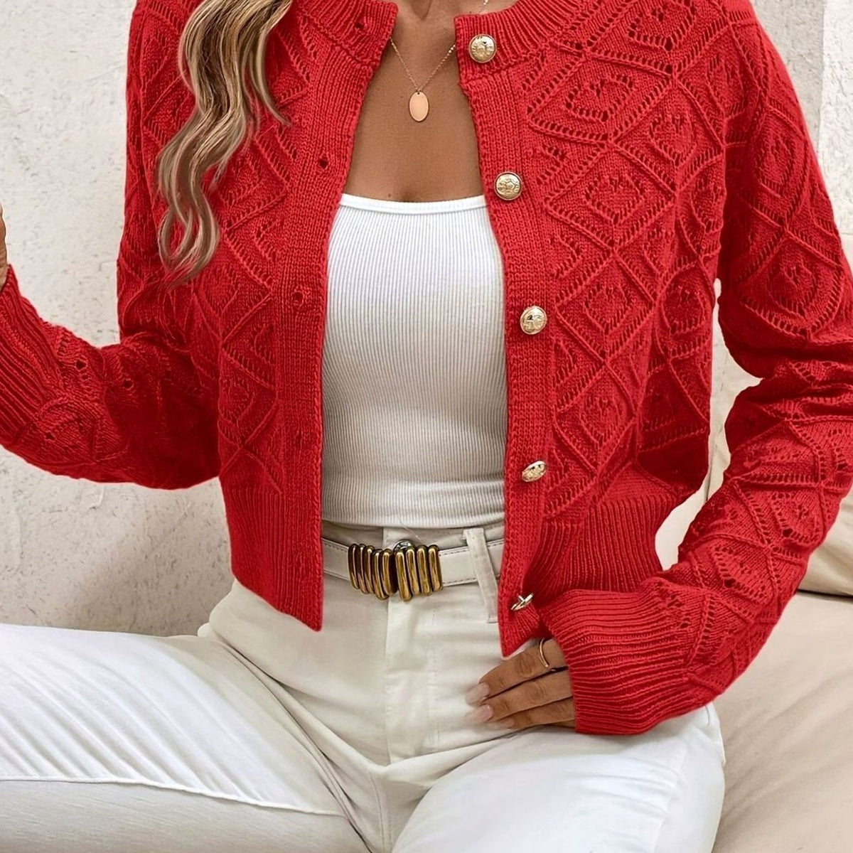 Women's Cropped Cardigan Button-Front Diamond-Knit Cozy Layering