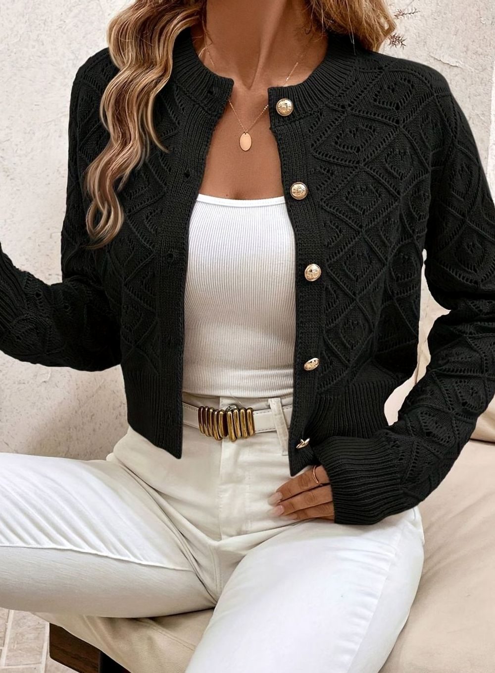 Women's Cropped Cardigan Button-Front Diamond-Knit Cozy Layering