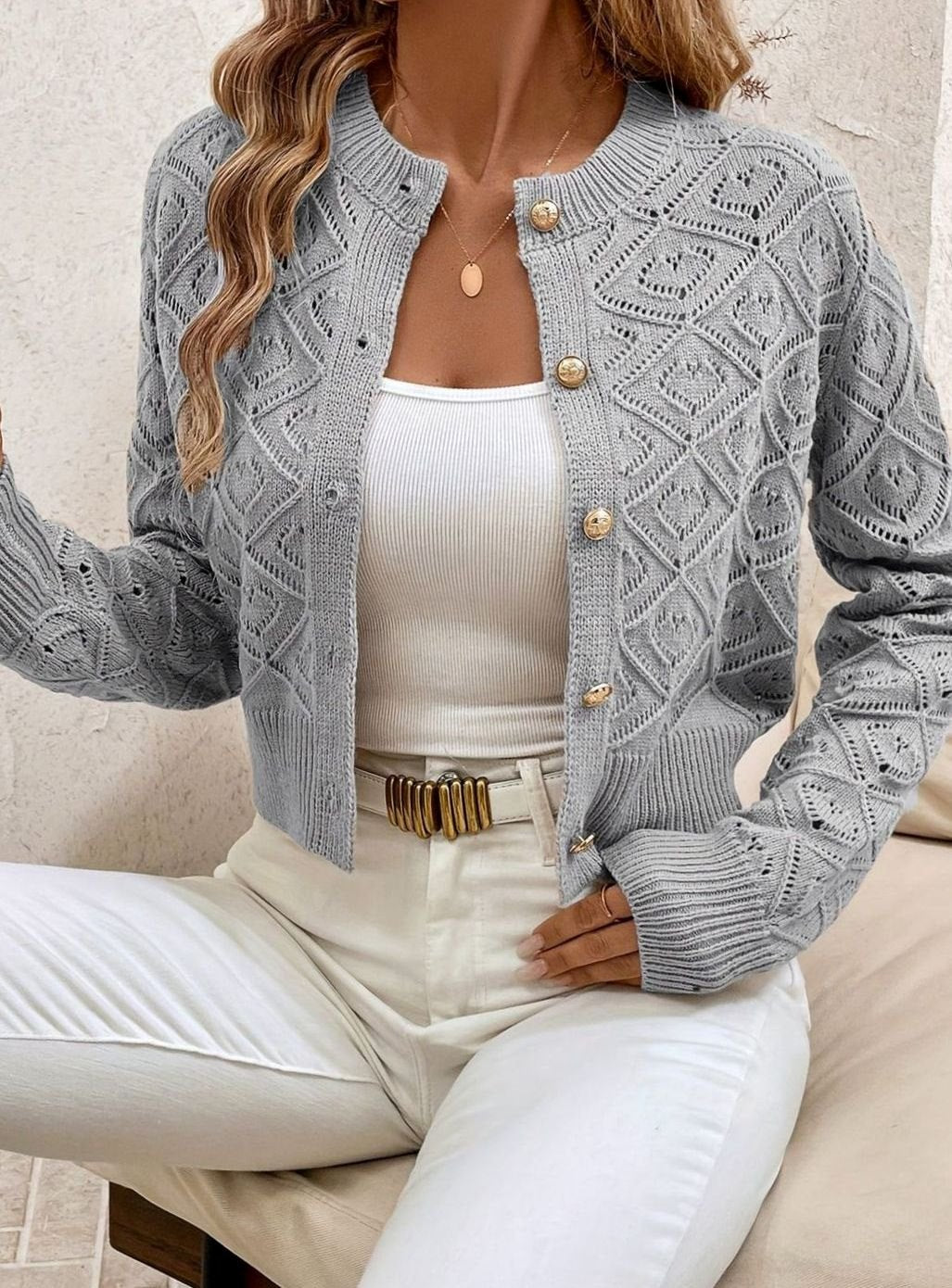 Women's Cropped Cardigan Button-Front Diamond-Knit Cozy Layering